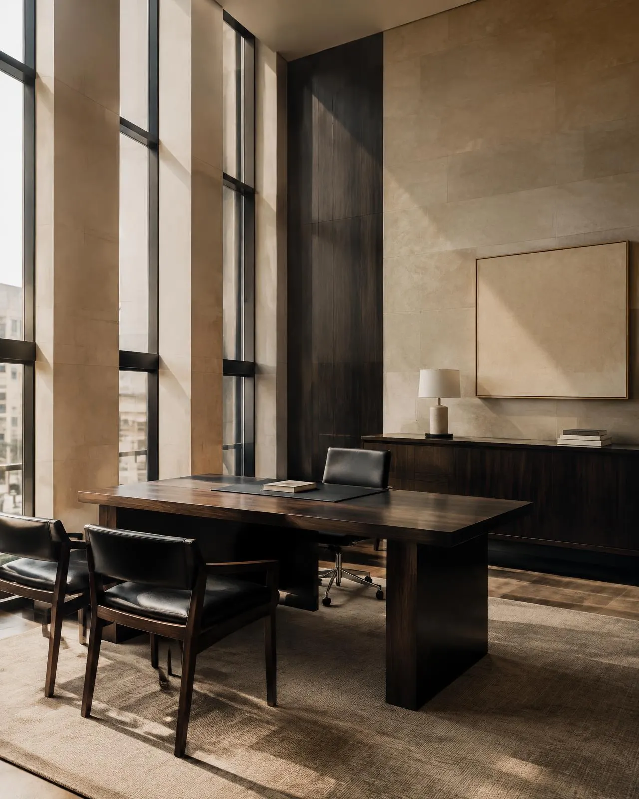 Sala de reuniões com janelas altas, mesa de madeira escura e luz natural suave