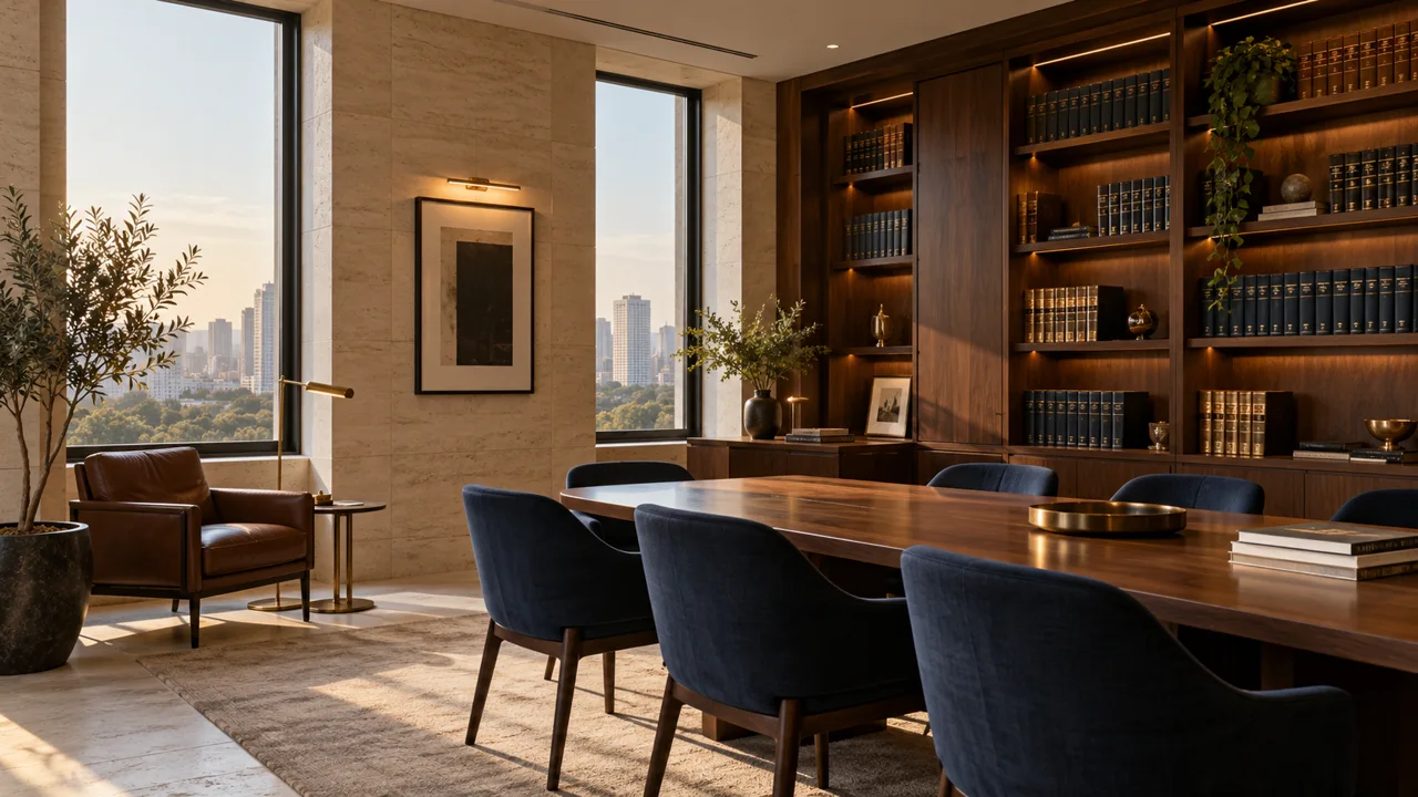 Biblioteca corporativa com mesa de madeira, estantes e luz natural, gerada por IA